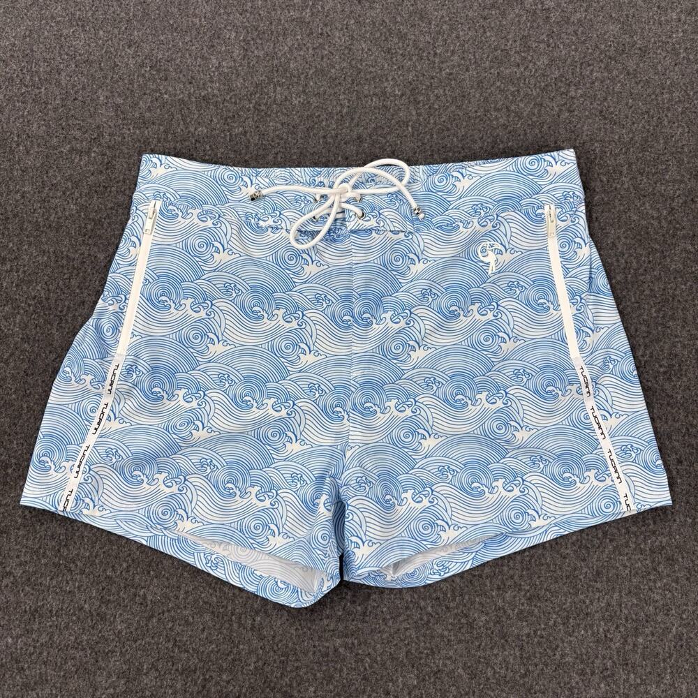 Tucann Swim Trunks Mens Size XL Blue Print Wave Swim Shorts Lined Zip Pocket